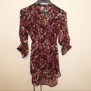 Bongo Sheer Floral Button Down Pintuck Tie Waist Roll Tab Sleeve Tunic Top